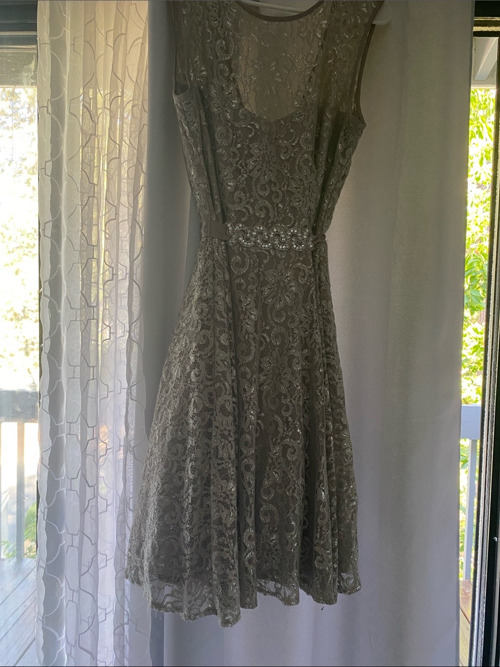 Sleeveless Silver Lace Midi Dress with Jeweled Waistband